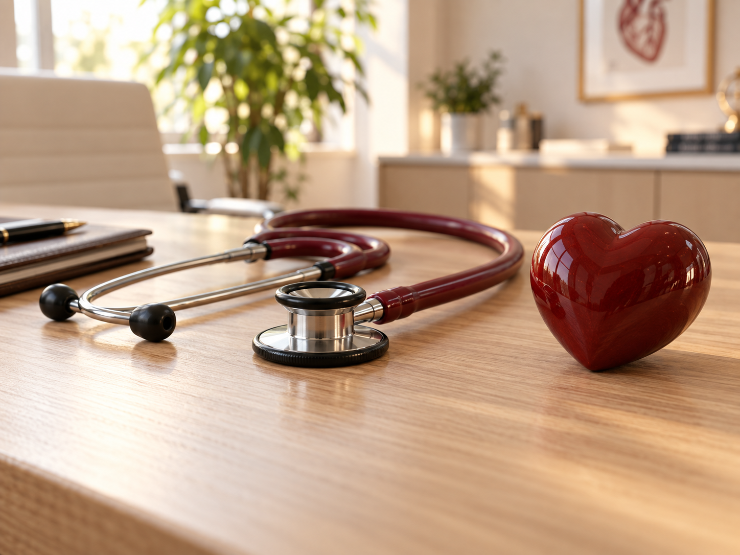 Illustrative consultation desk with a stethoscope and red heart model